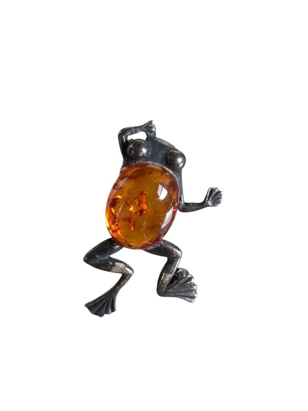 Vintage Sterling Silver Frog Honey Amber Brooch/Pin